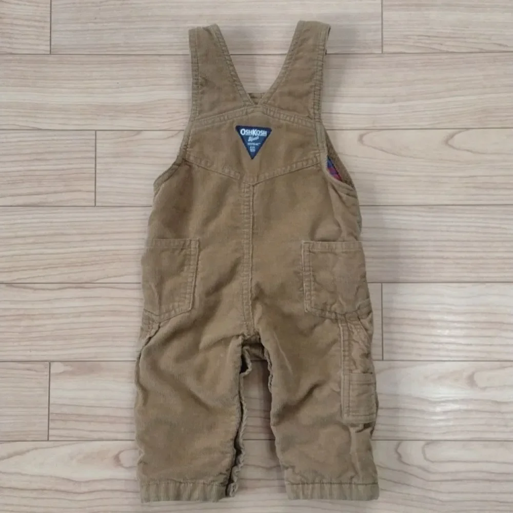 OshKosh B'gosh Tan Corduroy Vestbak Overalls with Flannel Lining 6-9 Months